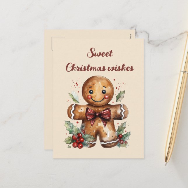 Festive Christmas gingerbread watercolor  Holiday Postcard (Front/Back In Situ)
