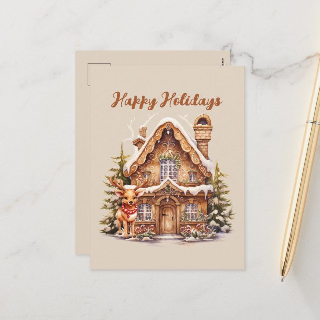 Festive Christmas gingerbread watercolor  Holiday Postcard (Front/Back In Situ)