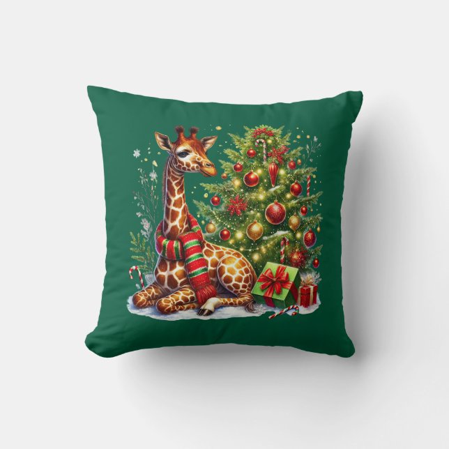 Festive Christmas giraffe Holiday Cushion (Front)