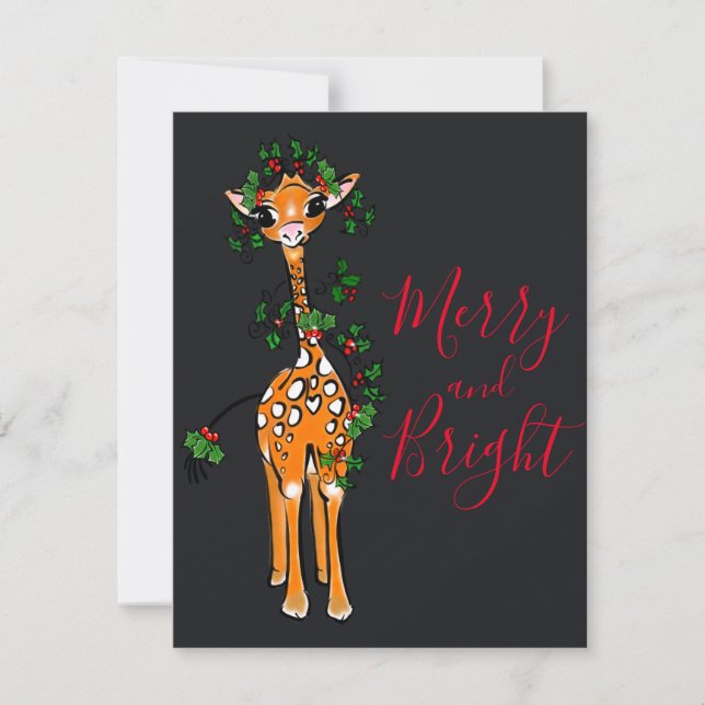 Festive Christmas Giraffe, red green garland Card (Front)