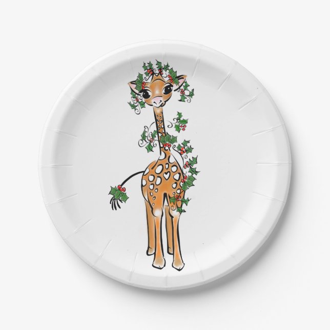 Festive Christmas Giraffe, red green garland Paper Plate (Front)