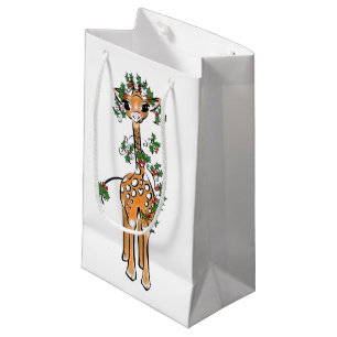 Festive Christmas Giraffe, red green garland Small Gift Bag