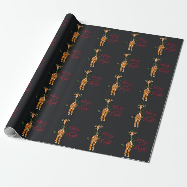 Festive Christmas Giraffe, red green garland Wrapping Paper (Unrolled)