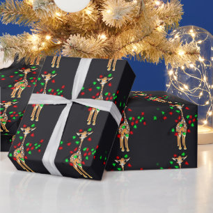 Festive Christmas giraffe, red green twinkle light Wrapping Paper