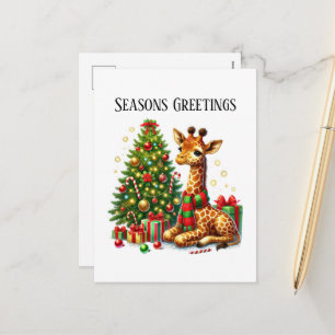 Festive Christmas giraffe Seasons Greetings Holiday Postcard