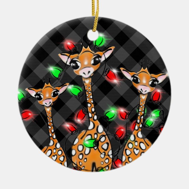 Festive Christmas giraffes grey black plaid lights Ceramic Tree Decoration (Front)
