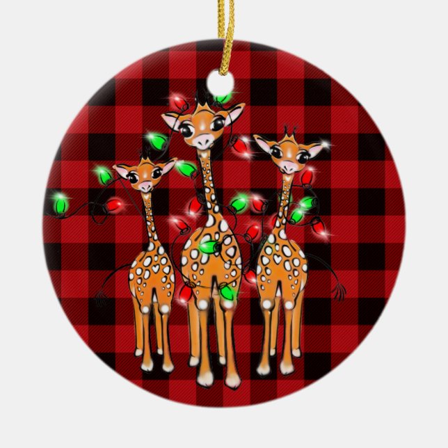 Festive Christmas giraffes, red black plaid   Ceramic Tree Decoration (Front)