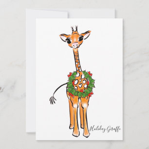 Festive Christmas Giraffes, red green Holly wreath Invitation