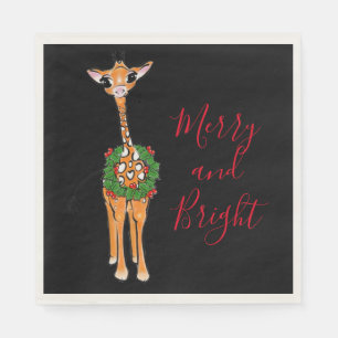 Festive Christmas Giraffes, red green Holly wreath Napkin