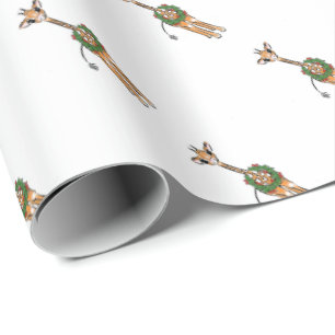 Festive Christmas Giraffes, red green Holly wreath Wrapping Paper