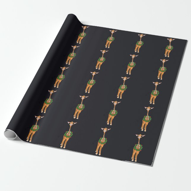 Festive Christmas Giraffes, red green Holly wreath Wrapping Paper (Unrolled)
