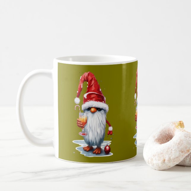 Festive Christmas Gnome Gonk Holding A Glass Coffee Mug (With Donut)