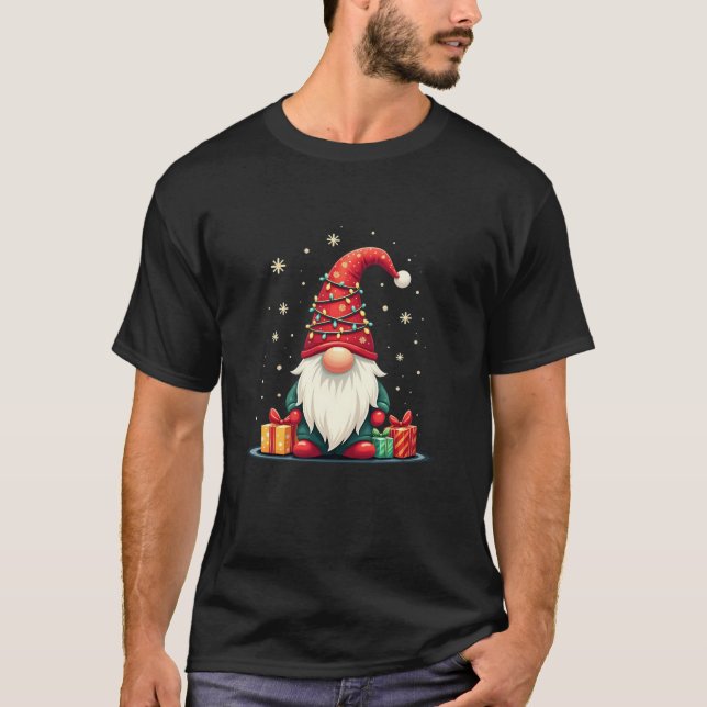 Festive Christmas Gnome with Lights and Snowflakes T-Shirt (Front)