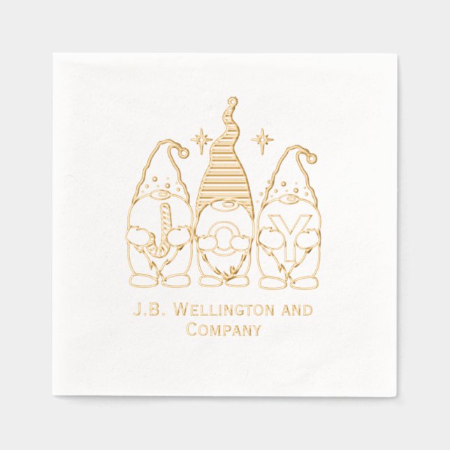 Festive Christmas Gnomes JOY Company / Family Name Foil Napkins (Front)