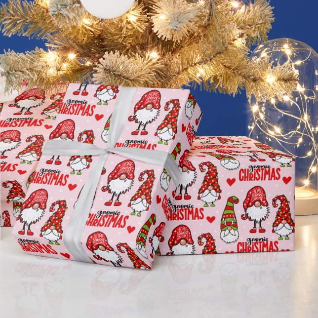 Festive Christmas Gnomes Pink  Wrapping Paper (Holidays)
