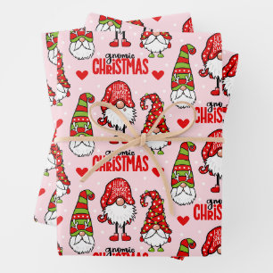 Festive Christmas Gnomes Pink Wrapping Paper Sheet