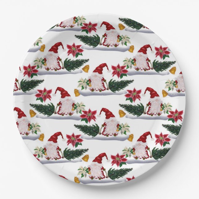 Festive Christmas Gnomes, Poinsettia and Bells Paper Plate (Front)