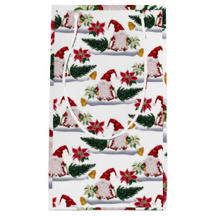 Festive Christmas Gnomes, Poinsettia and Bells Small Gift Bag