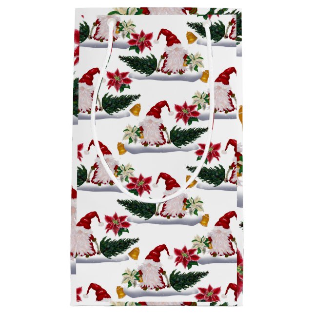 Festive Christmas Gnomes, Poinsettia and Bells  Small Gift Bag (Front)