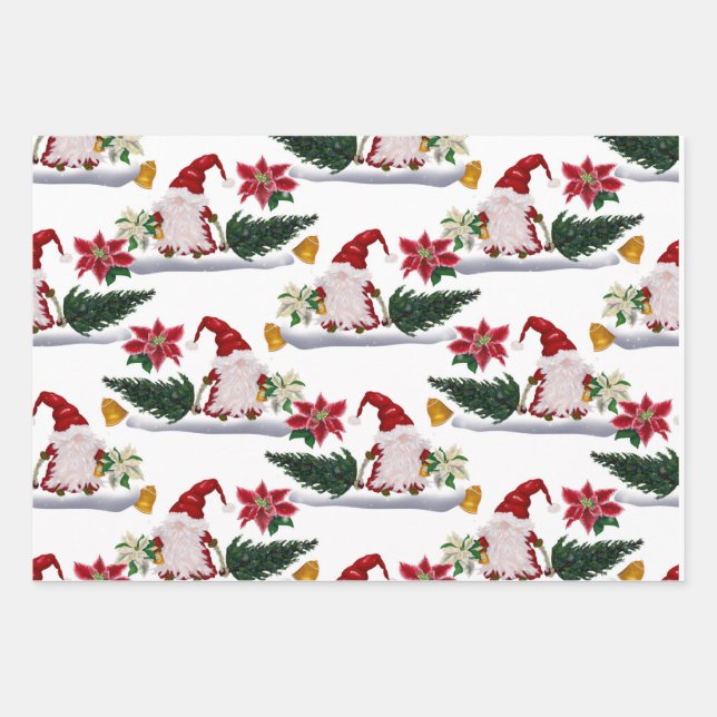 Festive Christmas Gnomes, Poinsettia and Bells Wrapping Paper Sheet (Front)