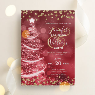 Festive Christmas Gold Red Wedding Sparkle Tree Invitation