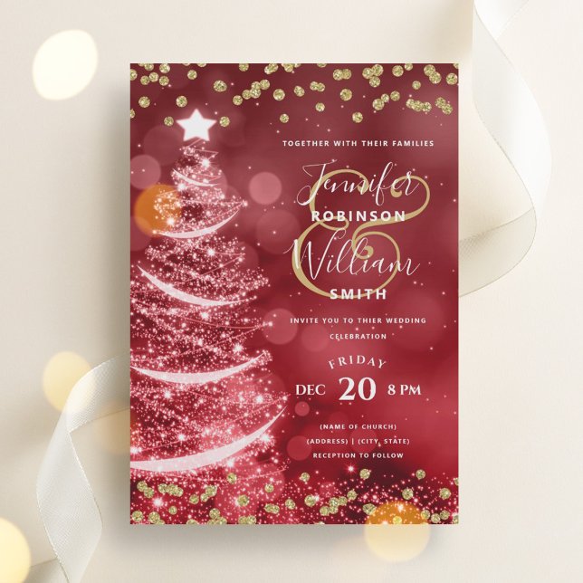 Festive Christmas Gold Red Wedding Sparkle Tree Invitation (Festive Christmas Gold Red Wedding Sparkle Tree Invitation)