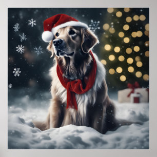 Festive Christmas Golden Retriever with Santa Hat  Poster