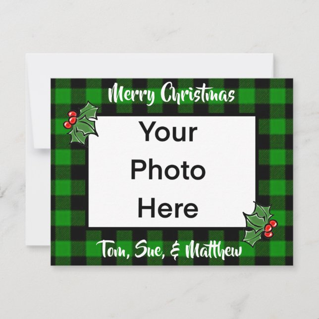 Festive Christmas green black plaid holly leaves Card (Front)