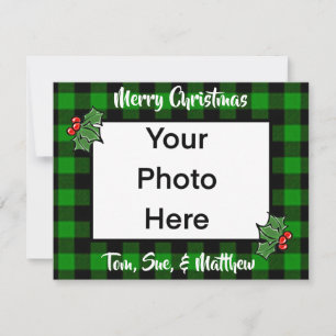 Festive Christmas green black plaid holly leaves Card