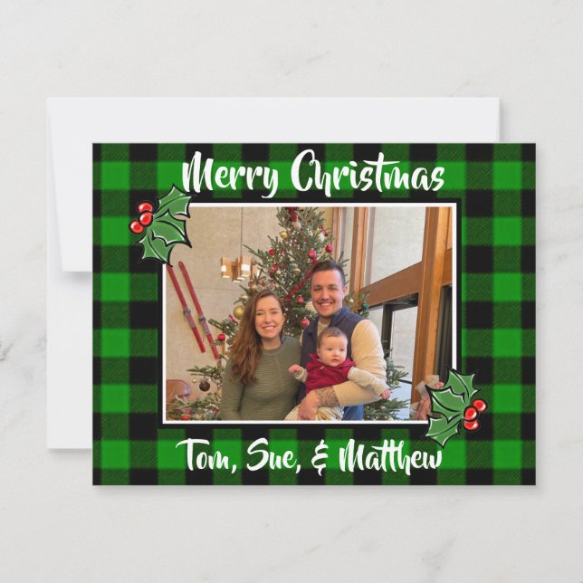 Festive Christmas green black plaid holly leaves Card (Front)