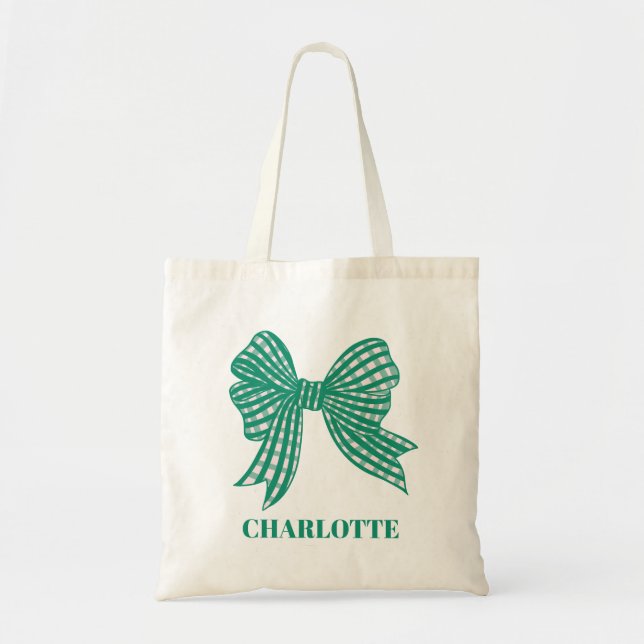 Festive Christmas Green Gingham Bow Tote Bag (Front)