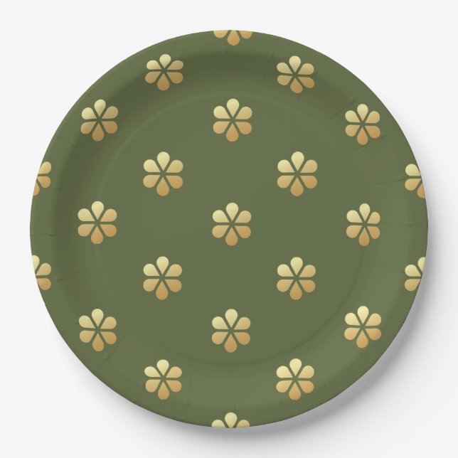 Festive Christmas Green & Gold Daisy  Paper Plate (Front)
