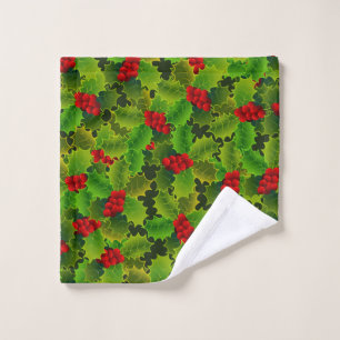 Festive Christmas Green Holly Leaves Red Berries Wash Cloth