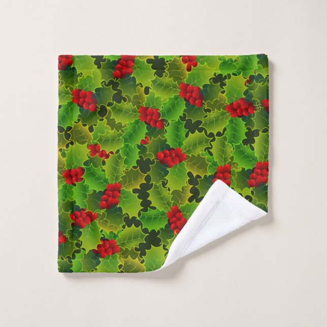 Festive Christmas Green Holly Leaves Red Berries Wash Cloth (Wash Cloth)