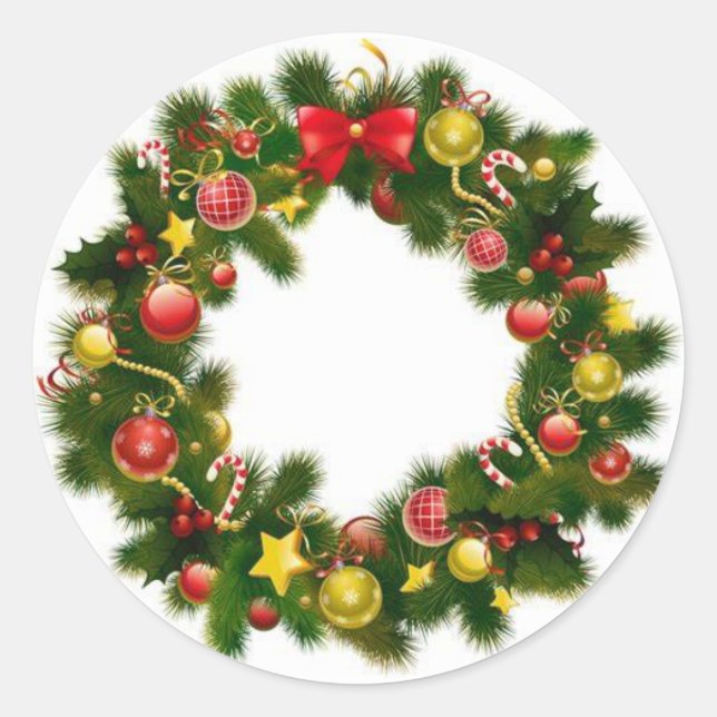 Festive Christmas Green Red Wreath Classic Round Sticker (Front)