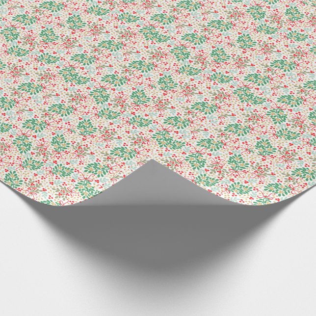 Festive Christmas Greenery, Holly Berries and Bows Wrapping Paper (Corner)