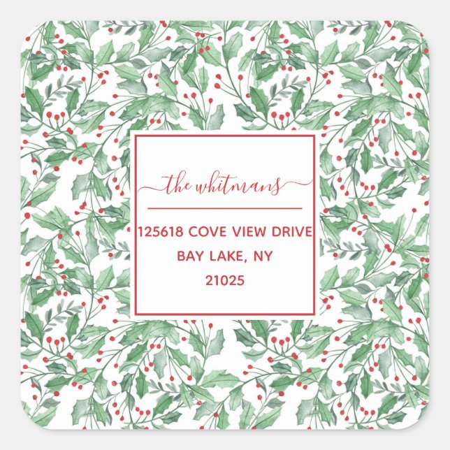 Festive Christmas Greenery Personalised Address Square Sticker (Front)