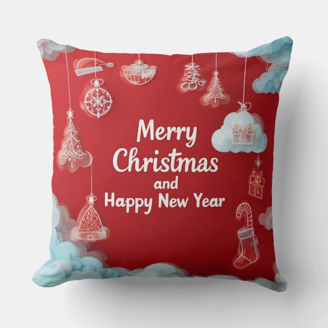 Festive Christmas Greeting Card with Decorations Cushion (Front)
