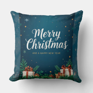 Festive Christmas Greeting Card with Decorations Cushion