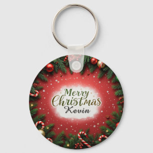 Festive Christmas Greeting Card with Decorations Key Ring