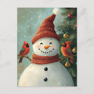 Festive Christmas Greeting Snowman and Cardinals Postcard