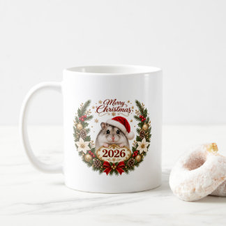 Festive Christmas Hamster in Santa Hat with 2026 Coffee Mug