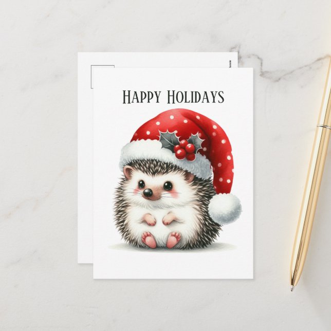 Festive Christmas hedgehog add message  Holiday Postcard (Front/Back In Situ)