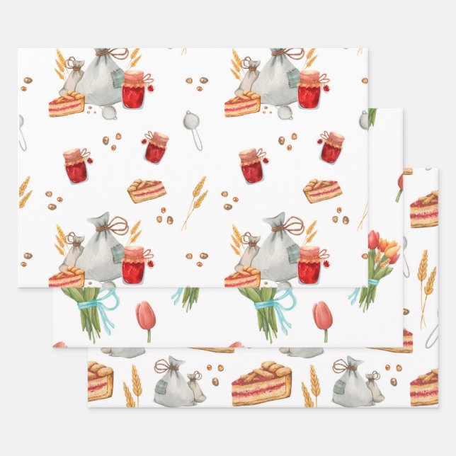 Festive Christmas Holiday Baking Treats and Drinks Wrapping Paper Sheet (Set)