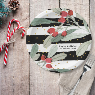 Festive Christmas Holiday Botanicals Stripes Gold Paper Plate