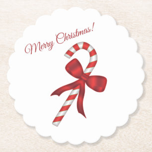 Festive Christmas Holiday Candy Cane with Red Bow Paper Coaster