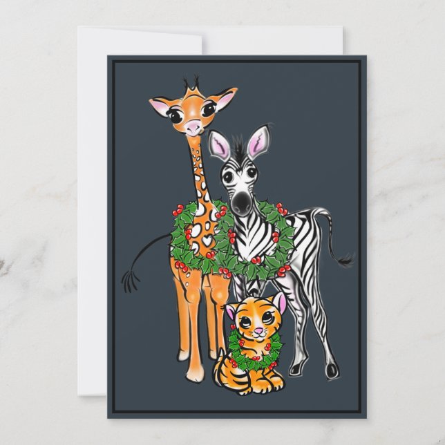 Festive Christmas Holiday Giraffe, Zebra, Tiger (Front)