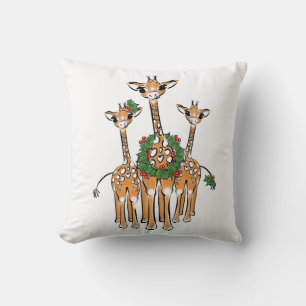 Festive Christmas Holiday Giraffes, wreath Cushion