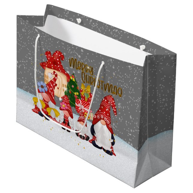 festive Christmas Holiday gnomes Large Gift Bag (Front Angled)