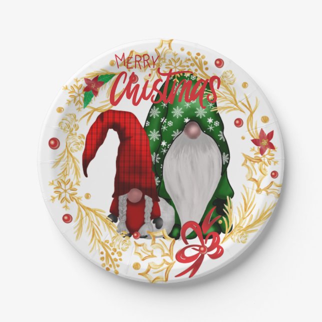Festive Christmas Holiday Gnomes Paper Plate (Front)